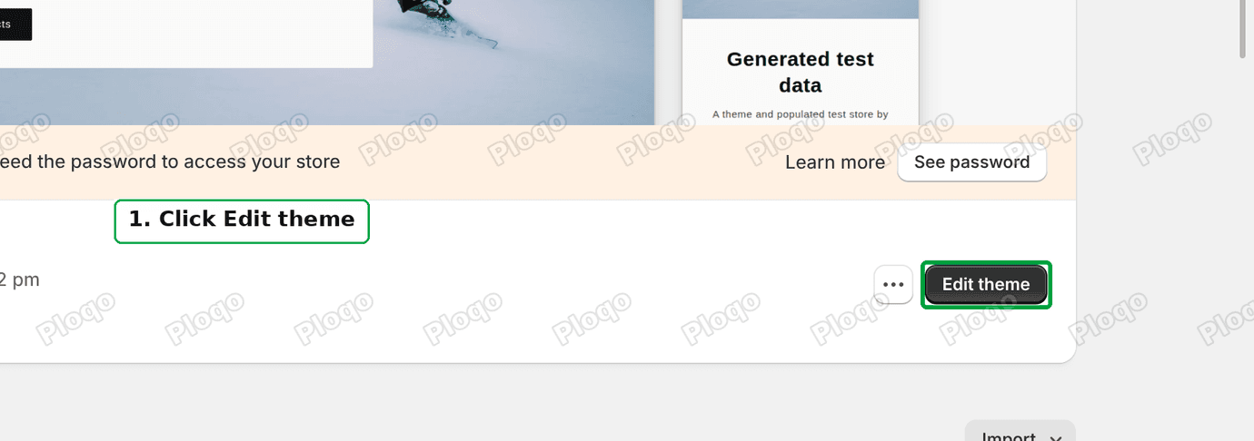 Online Store Themes page with the Edit theme button marked as step 1