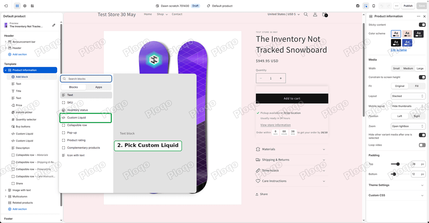 Theme editor with the Add block menu open and Custom Liquid marked as step 2