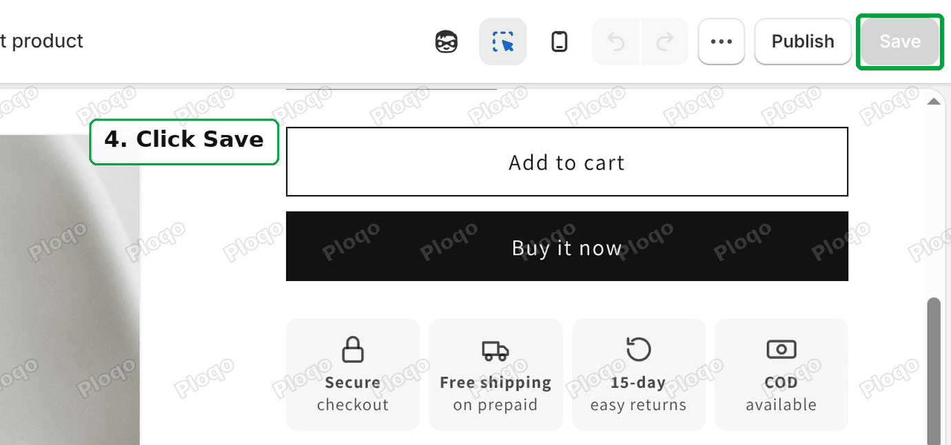 Theme editor top bar with the Save button marked as step 4