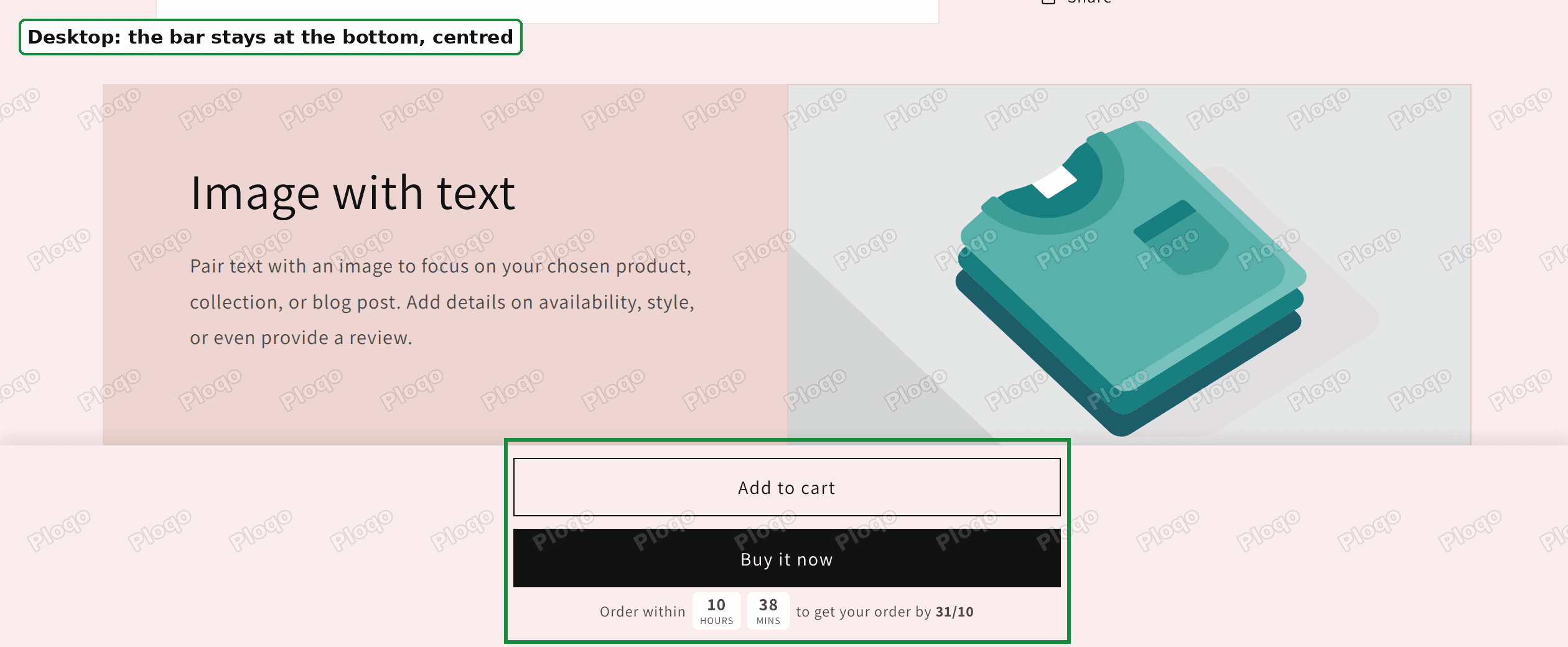 Desktop product page scrolled down, with Add to cart, Buy it now and the delivery countdown centred in a bar at the bottom