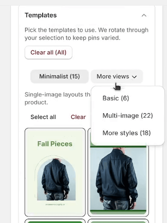 The Templates panel in Pin Studio, with Minimalist, Basic, Multi-image and More styles groups and their counts