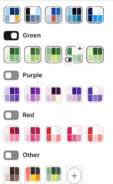 Colour palette groups in Pin Studio: Green, Purple, Red and Other, each with a toggle and five palettes