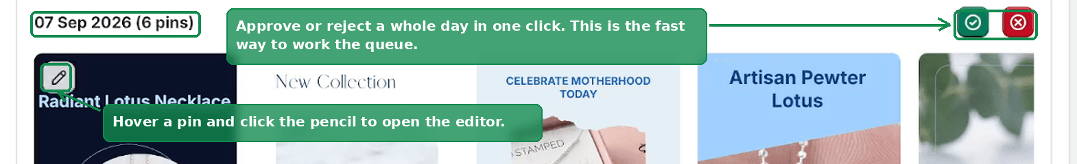 A day header showing the date and pin count, with the approve and reject buttons for the whole day