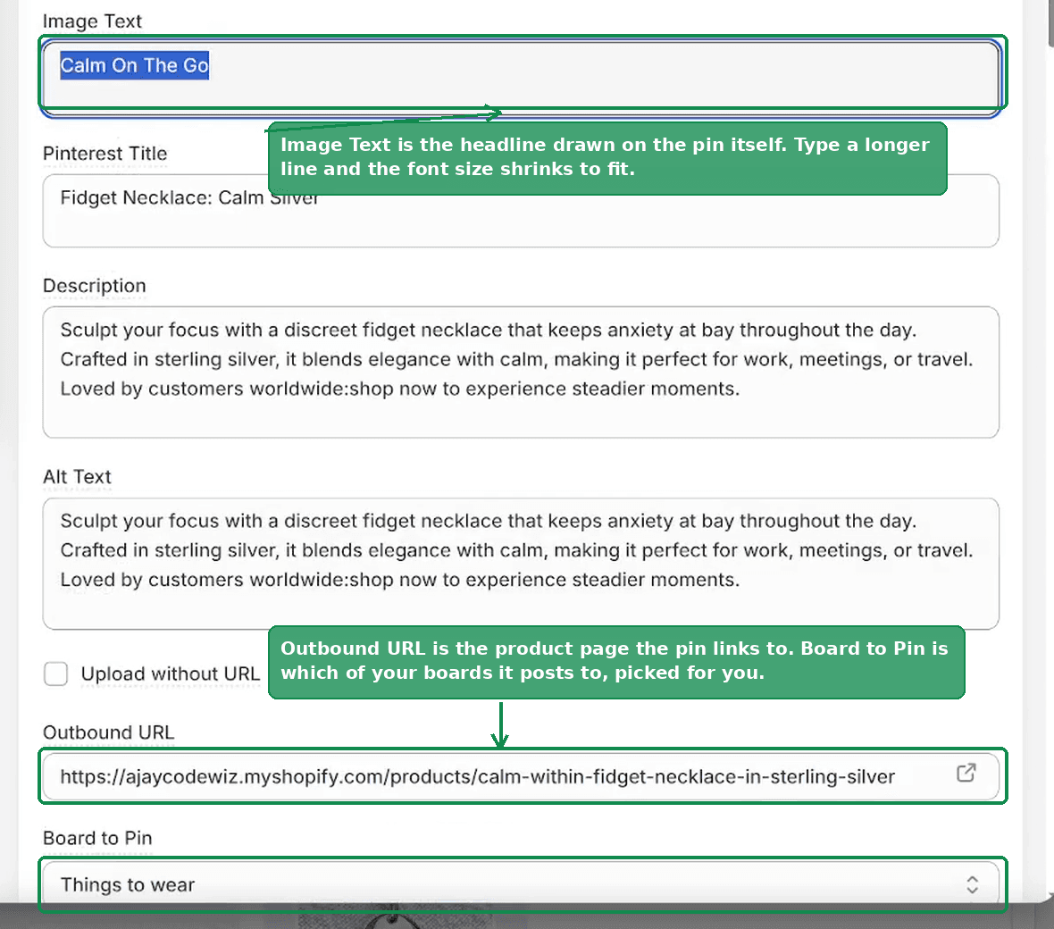 The pin editor showing Image Text, Pinterest Title, Description, Alt Text, Outbound URL and Board to Pin