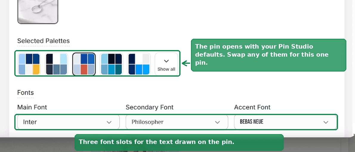 Selected Palettes and the three font slots in the pin editor