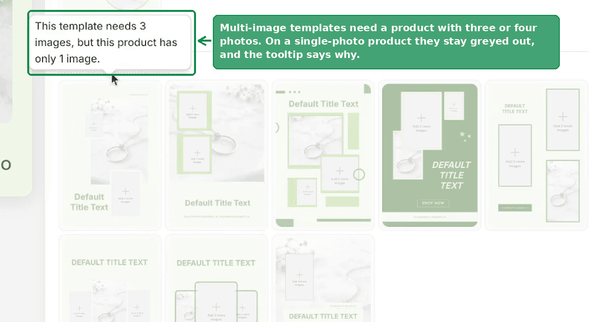 Greyed-out multi-image templates with a tooltip explaining the product has only one image