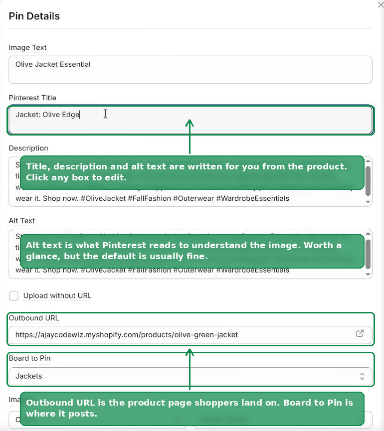 The Pin Details panel with title, description, alt text, outbound URL and board fields