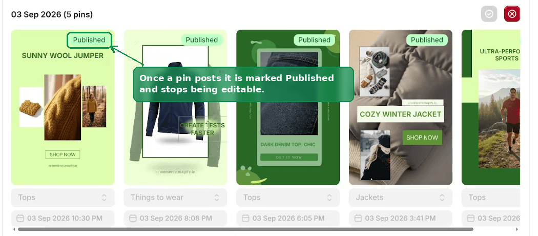 Published pins in the calendar, each marked with a Published badge