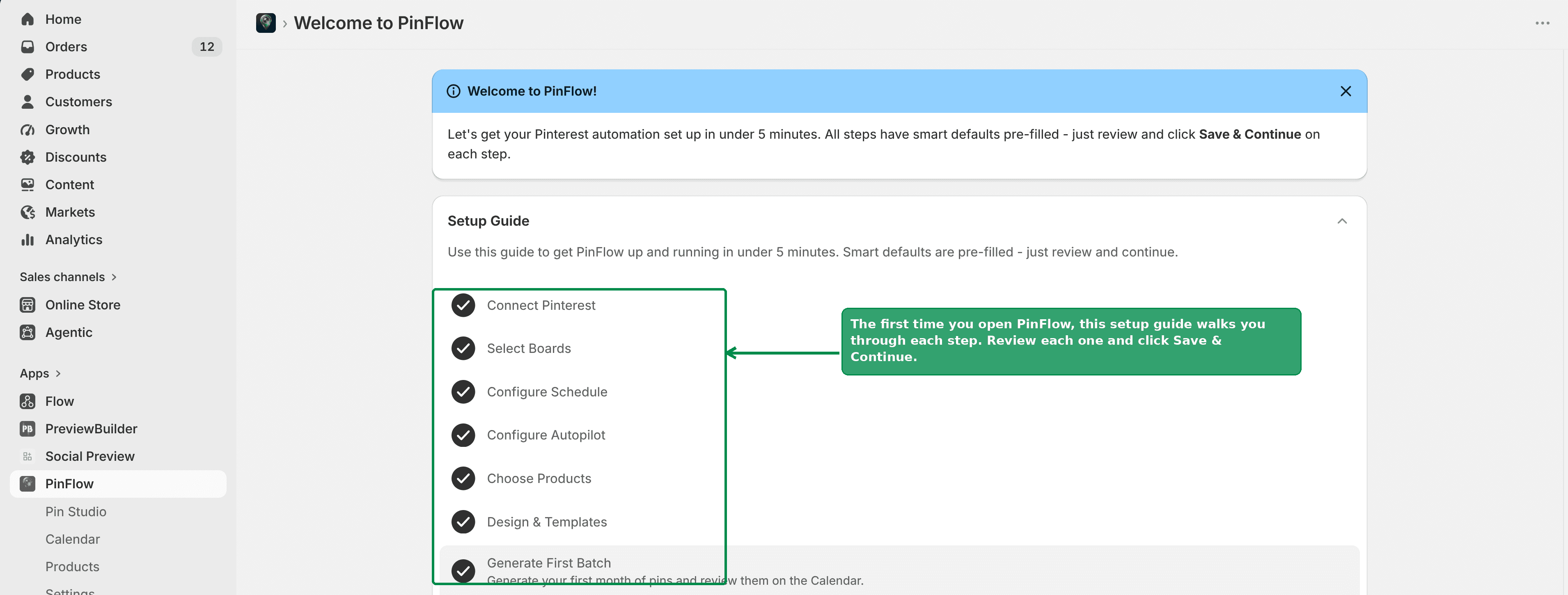 The PinFlow setup guide you see the first time you open the app