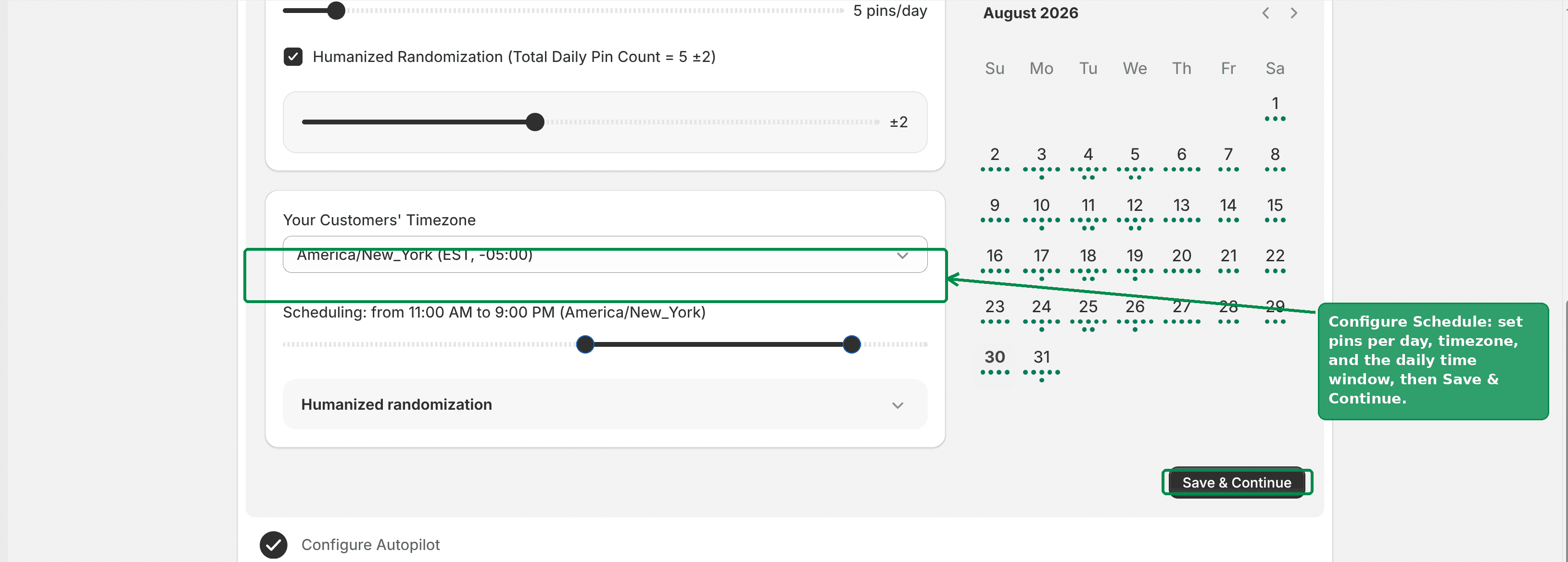 Setting the daily pin count, time window, and timezone