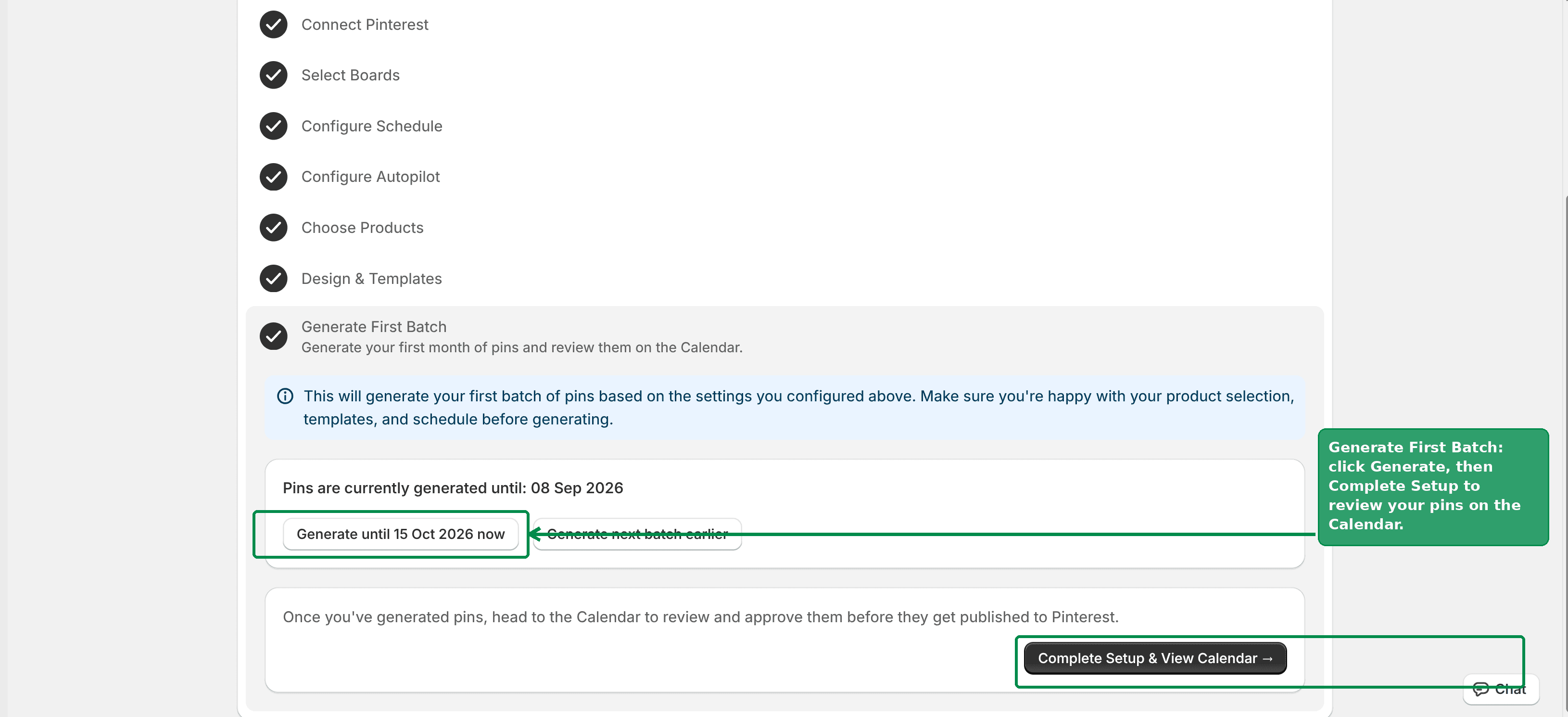 The Generate First Batch step in the setup guide