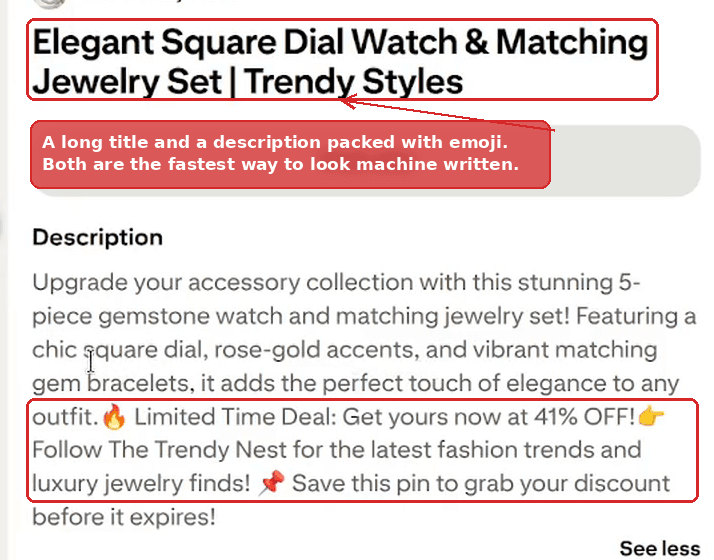 A live Pinterest pin with a long title and a description ending in fire, pointing hand and pin emoji