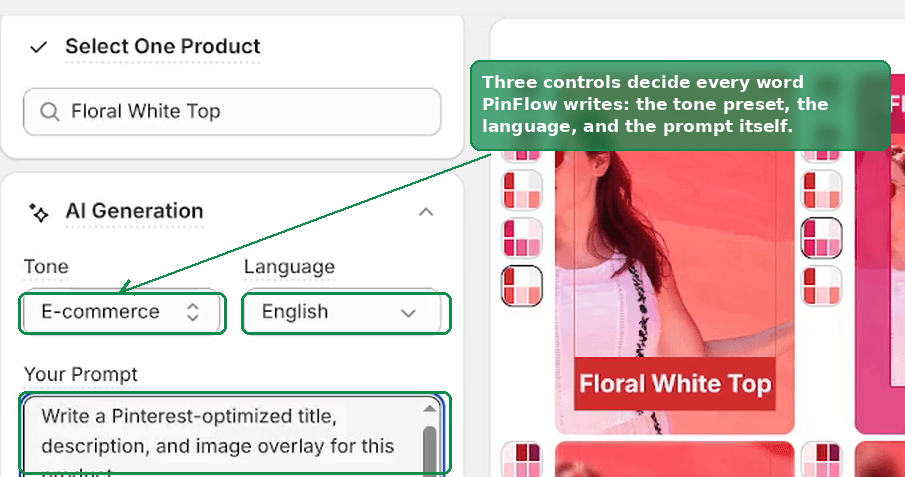 The AI Generation panel in Pin Studio, with the Tone select, the Language select and the prompt box outlined
