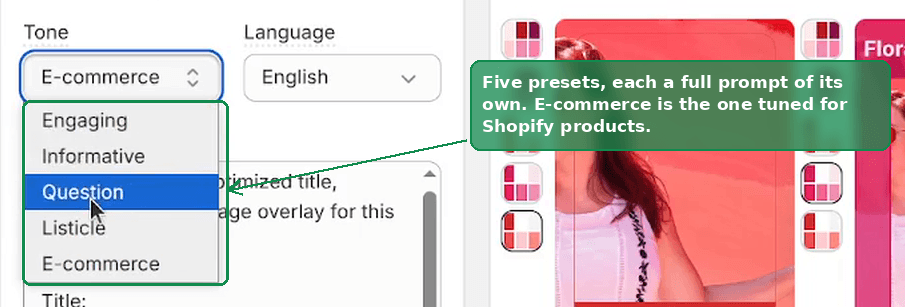 The Tone dropdown open, showing Engaging, Informative, Question, Listicle and E-commerce