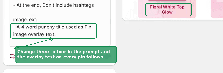 The prompt asking for a four word punchy title, and a pin whose overlay reads Floral White Top Glow
