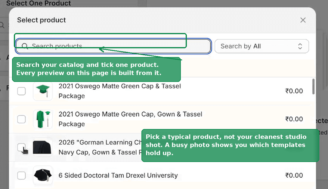 The Select product dialog in Pin Studio, with the search box highlighted and a list of products to tick