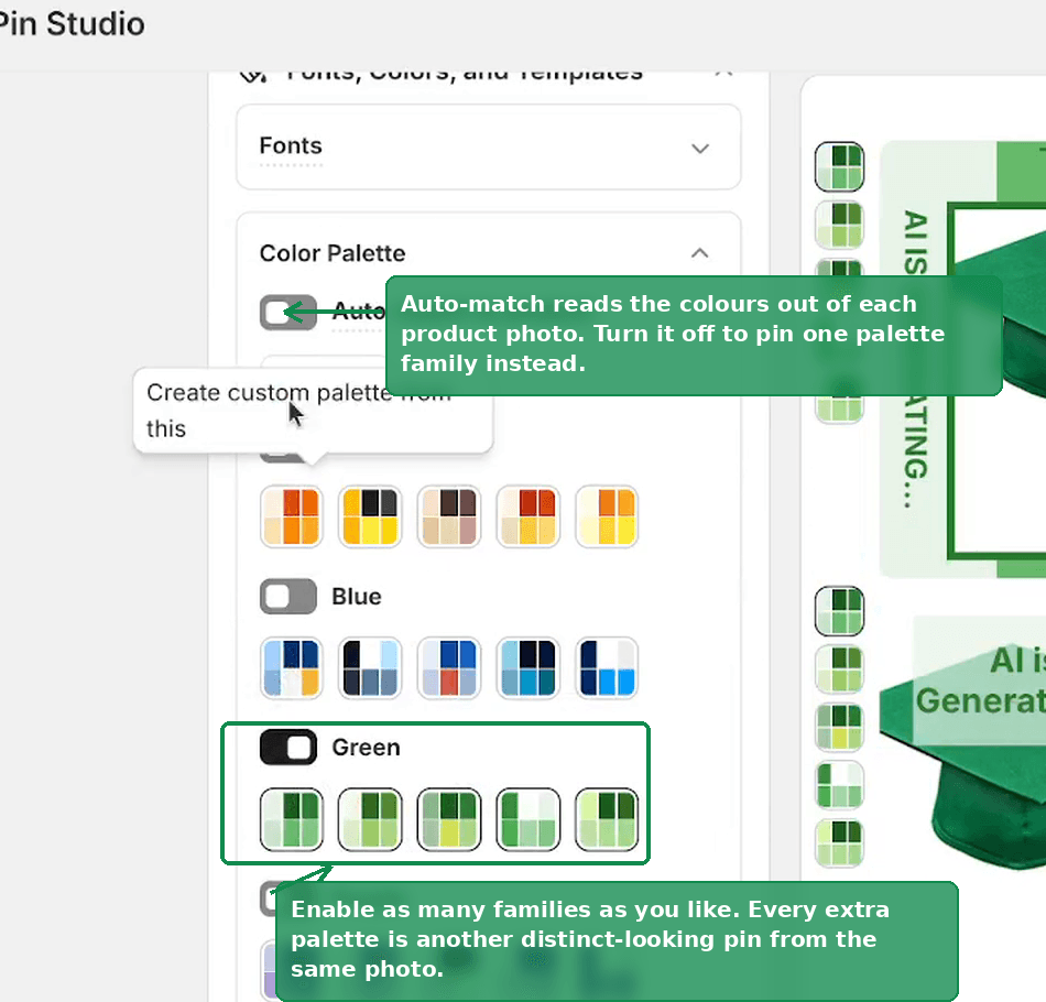 The Color Palette section with Auto-match to product, and the Green palette family switched on