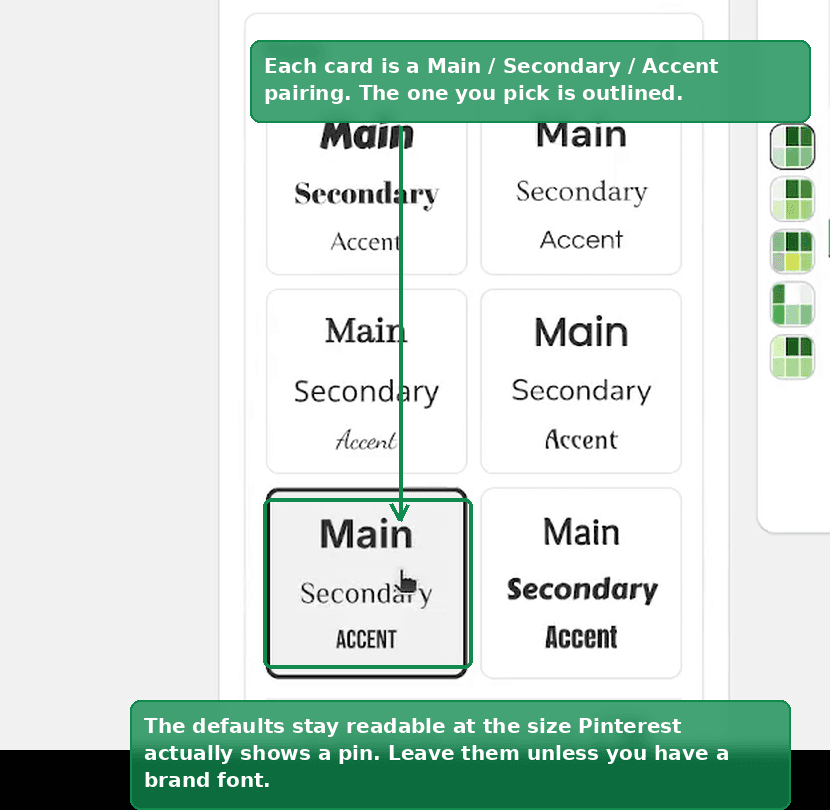 The Fonts picker showing Main, Secondary and Accent typeface pairings, with one selected
