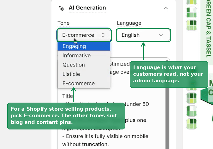 The AI Generation section with the Tone dropdown open on Engaging, Informative, Question, Listicle and E-commerce