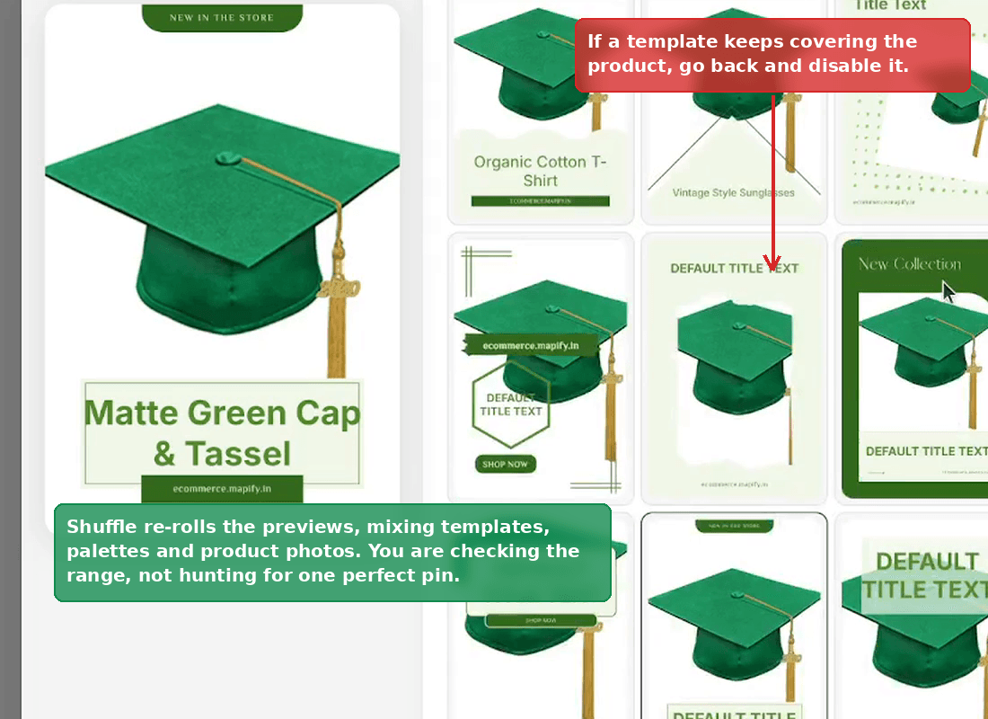 A shuffled set of pin previews, the same product laid out in several different templates and palettes