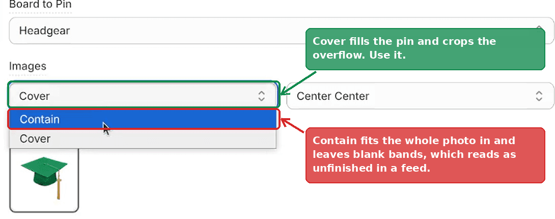 The Images row with the fit dropdown open, showing Contain above Cover