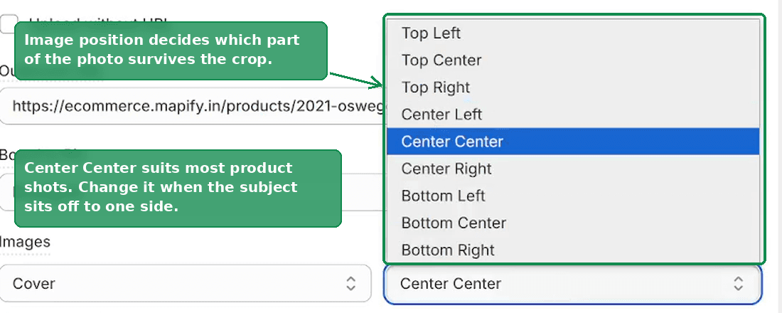The image position dropdown open on the nine crop anchors, from Top Left to Bottom Right