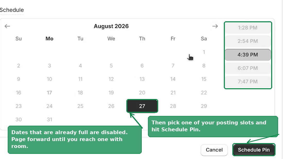 The Schedule step with a month calendar, one date selected, the posting time slots, and the Schedule Pin button