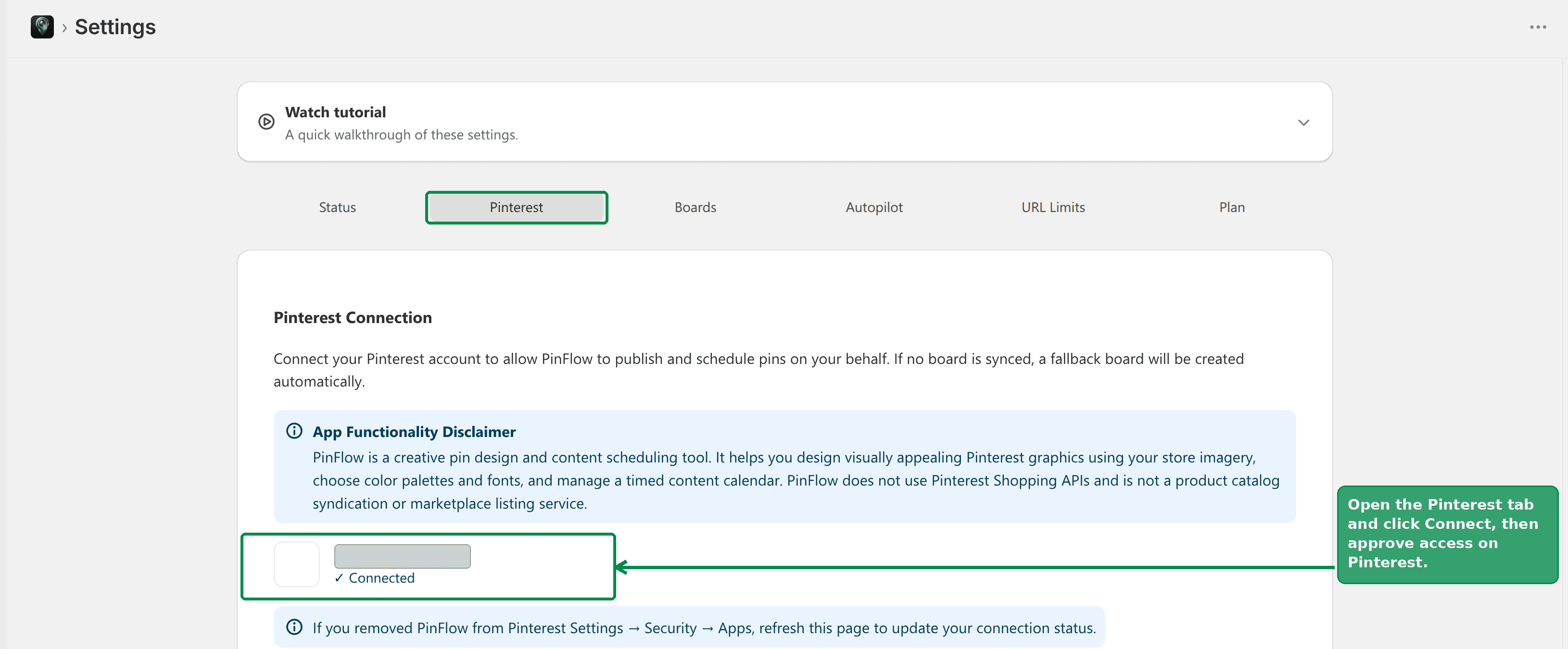 Connecting your Pinterest account from Settings