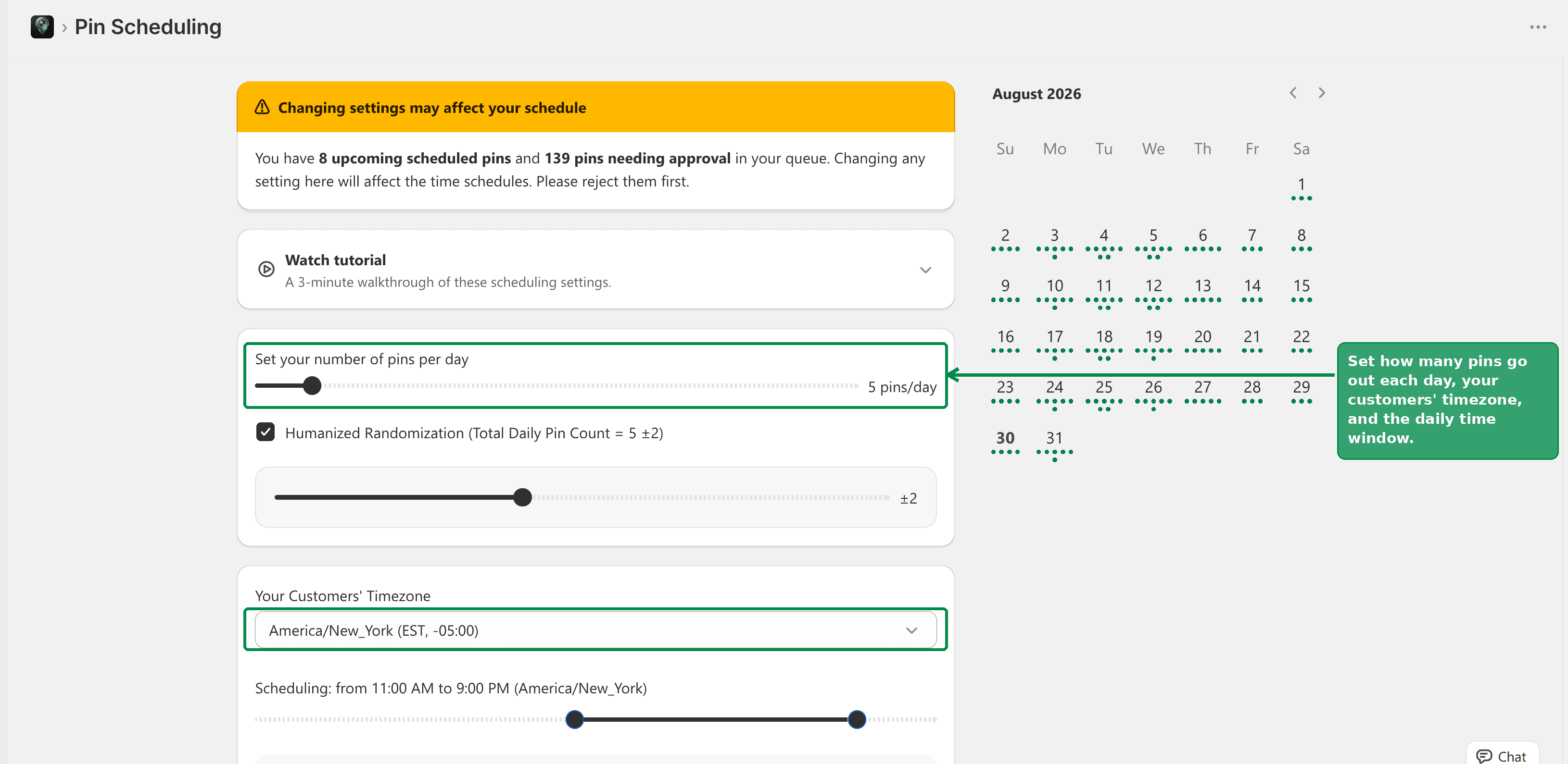 Setting the daily pin count, time window, and timezone