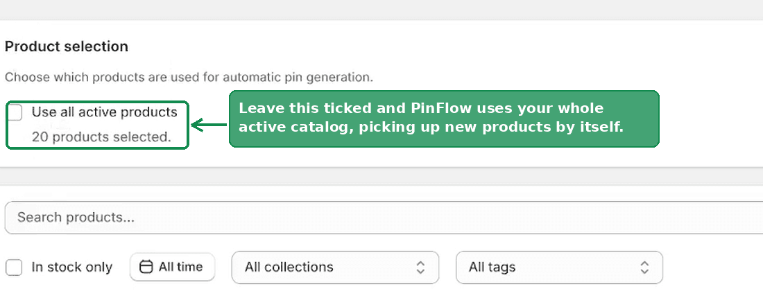 The Product selection card with Use all active products ticked and a count of selected products