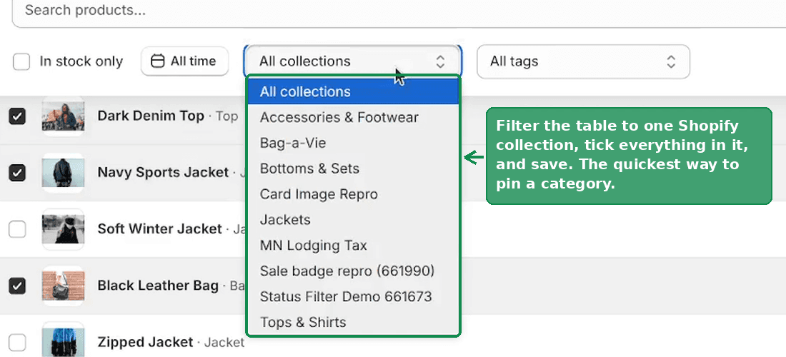 The All collections dropdown open, listing the store's Shopify collections