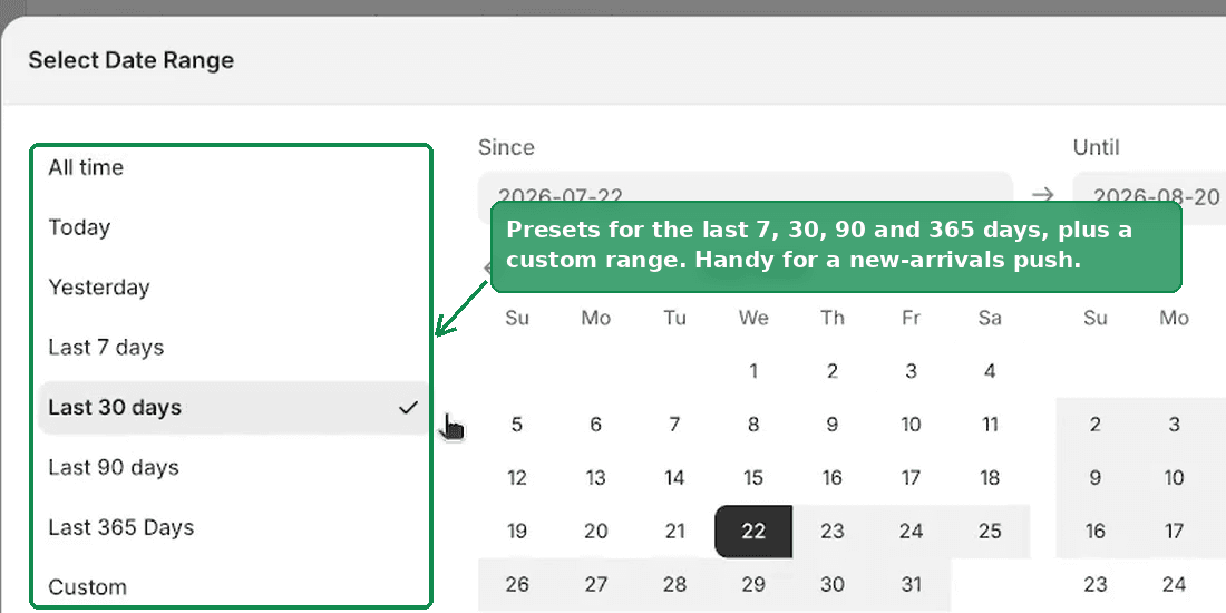 The Select Date Range dialog with presets for the last 7, 30, 90 and 365 days
