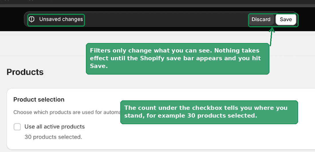 The Shopify save bar showing Unsaved changes with Discard and Save buttons