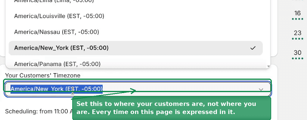 The Your Customers' Timezone picker with the time zone list open
