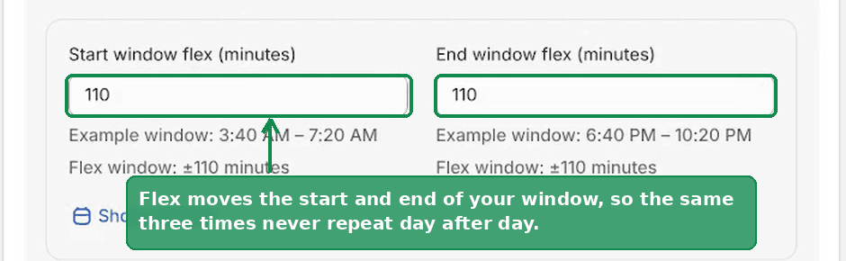 Start and end window flex in minutes, each showing the example window it produces