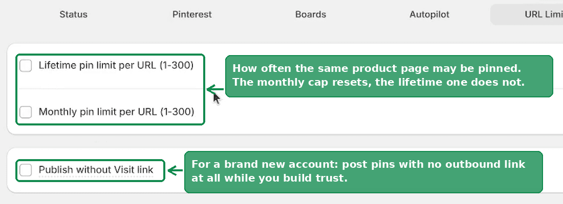 The URL Limits tab, showing the lifetime and monthly pin limit checkboxes and the publish without visit link option
