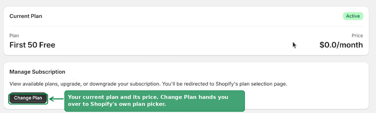 The Plan tab showing the current plan, its price, and the Change Plan button
