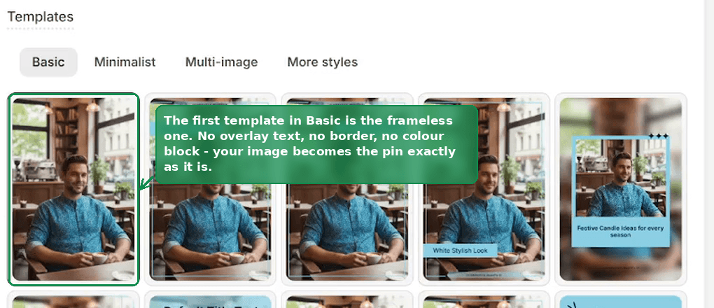 The Templates section of the PinFlow pin editor, with the first frameless template in the Basic row outlined