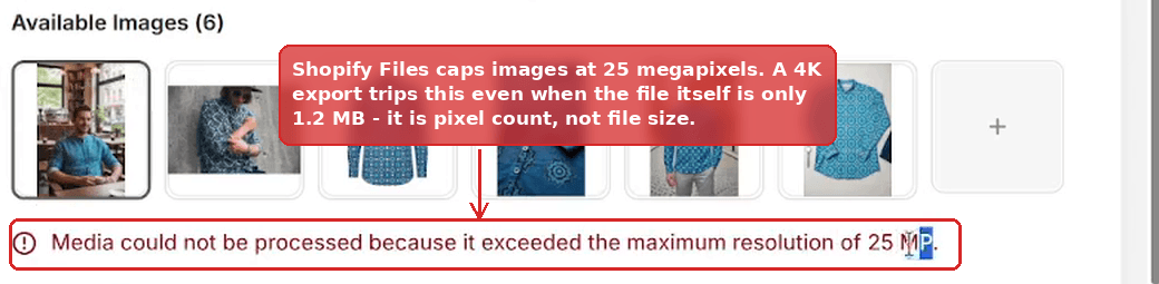 The pin editor showing the error, media could not be processed because it exceeded the maximum resolution of 25 MP