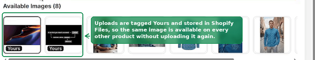 Two uploaded images at the start of the Available Images row, each carrying a Yours badge