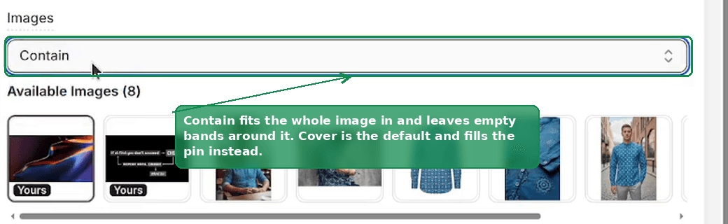 The fit dropdown in the pin editor set to Contain