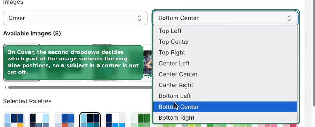 The focus area dropdown open, listing nine positions from Top Left to Bottom Right