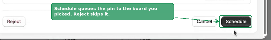 The bottom action bar of the pin editor with the Schedule button outlined