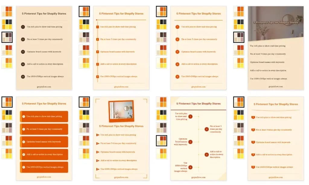 Preview grid showing infographic pins across multiple templates and color palette combinations at 1000x1500px