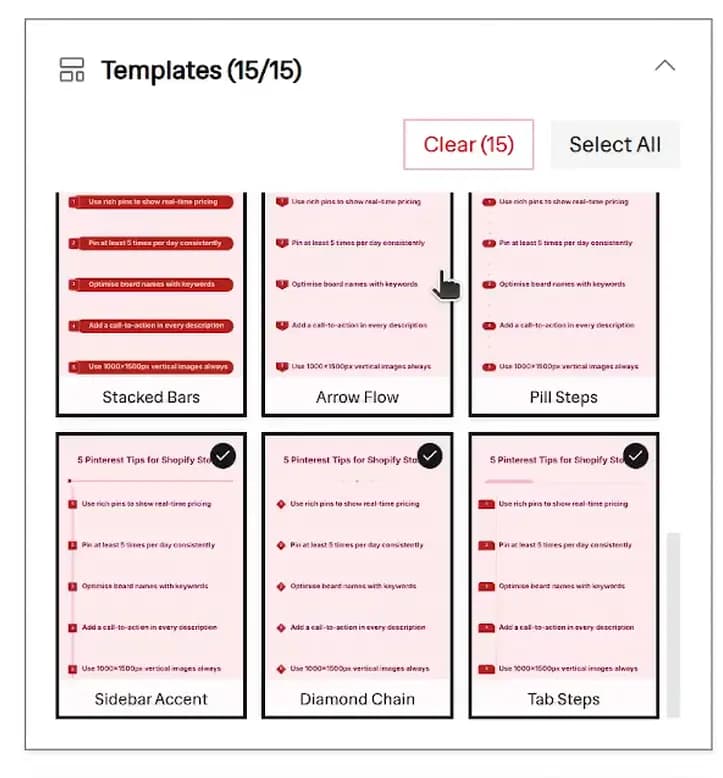 Choose from 15 infographic templates including Stacked Bars, Arrow Flow, Pill Steps, Sidebar Accent, Diamond Chain, and Tab Steps