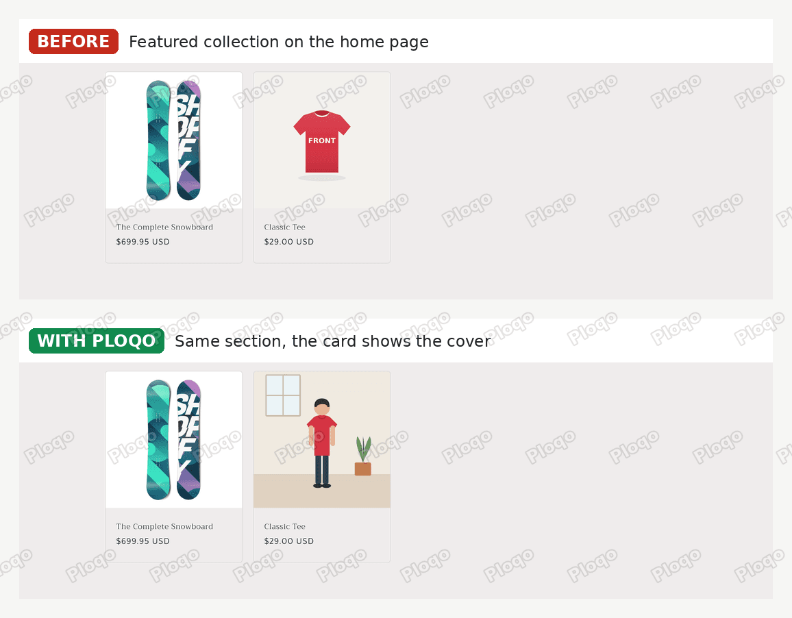 The Craft home page featured collection: before, the Classic Tee shows the red front photo; with Ploqo, the lookbook cover