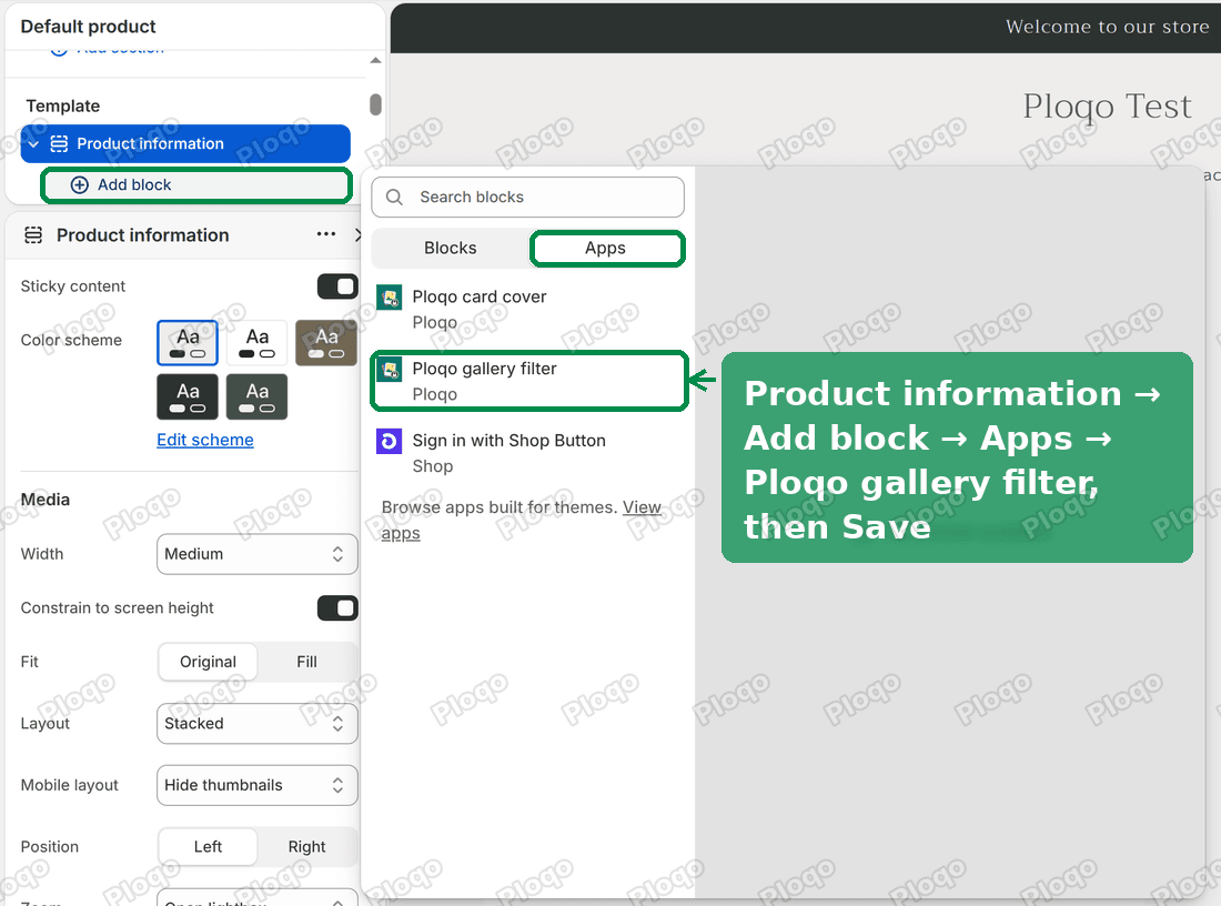 The Craft theme editor on a product page: Product information, Add block, the Apps tab and Ploqo gallery filter highlighted