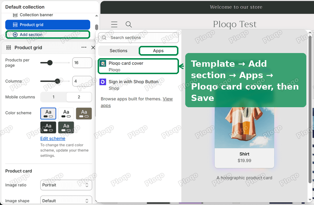 The Craft theme editor on a collection page: Add section, the Apps tab and Ploqo card cover highlighted