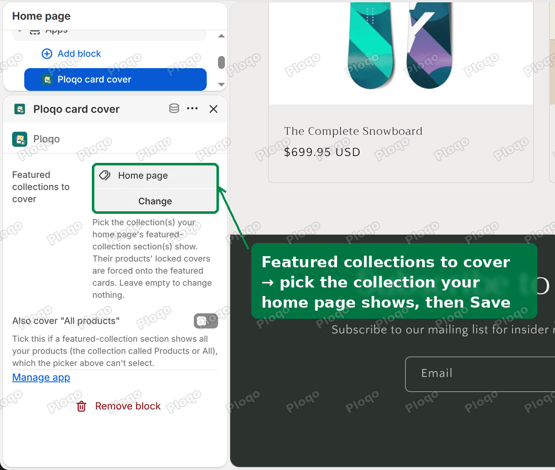 The Ploqo card cover settings in the Craft theme editor, with Featured collections to cover set to Home page