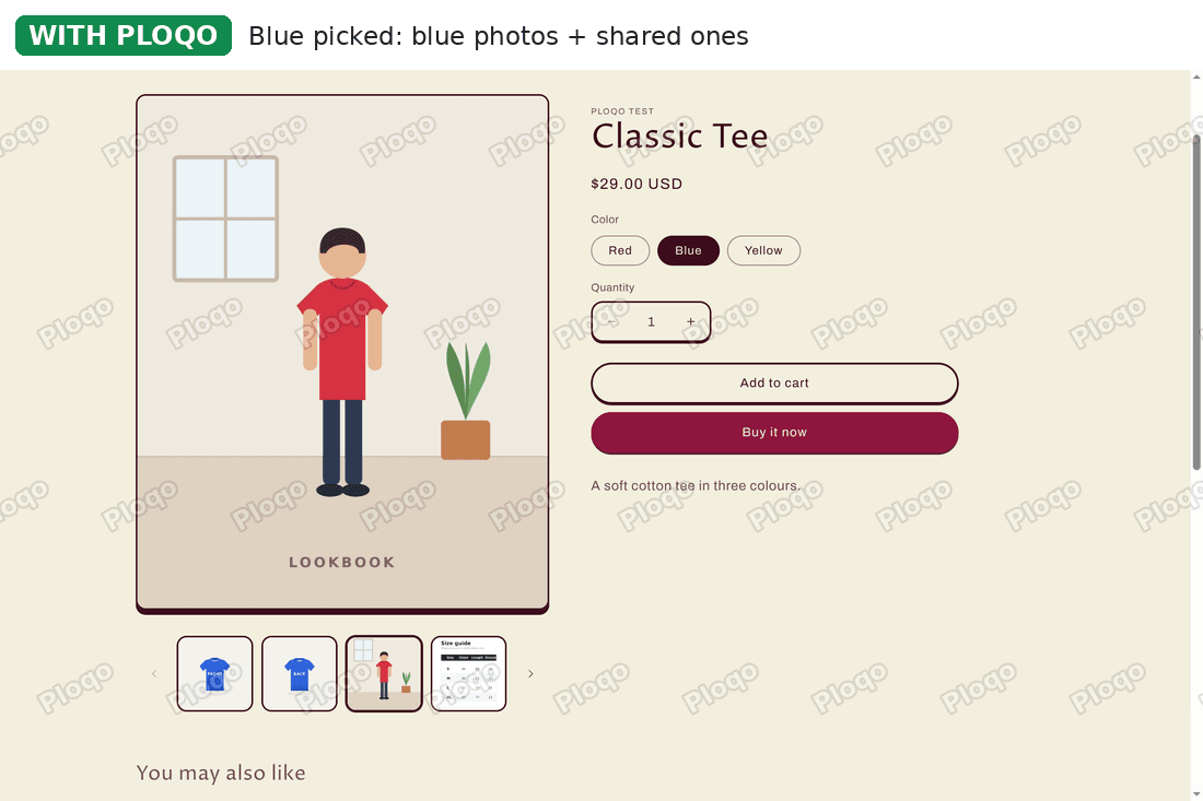 Crave product page with Blue picked and Ploqo on: the lookbook cover large, and the blue front, blue back and shared photos in the thumbnail strip